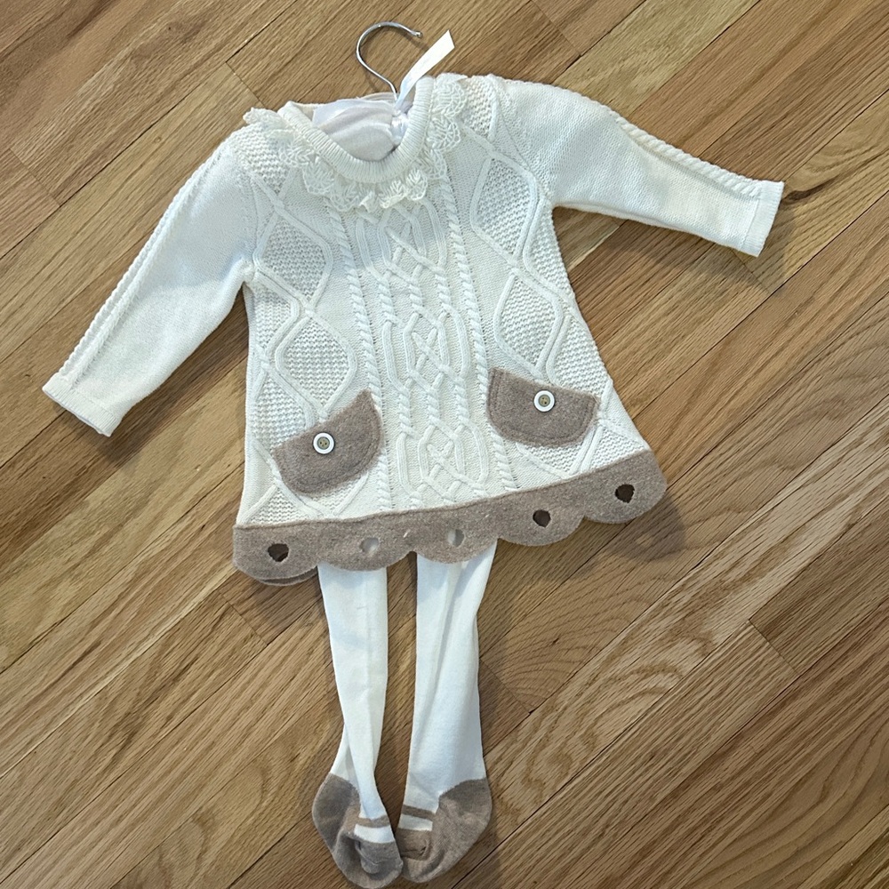 Catherine Malandrino White and Tan Knit Dress with Tights